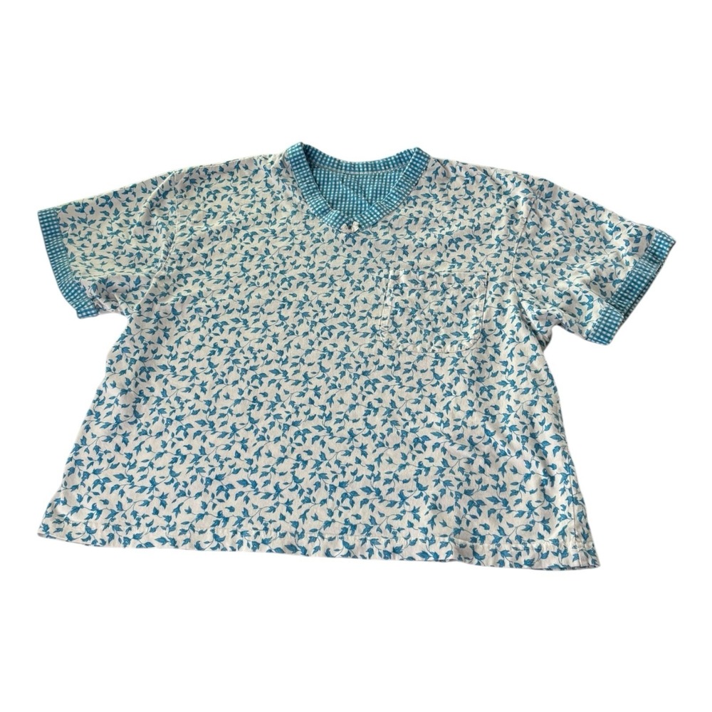 Women's Blue Floral Print Short Sleeve Pocket Top Gingham Trim Medium